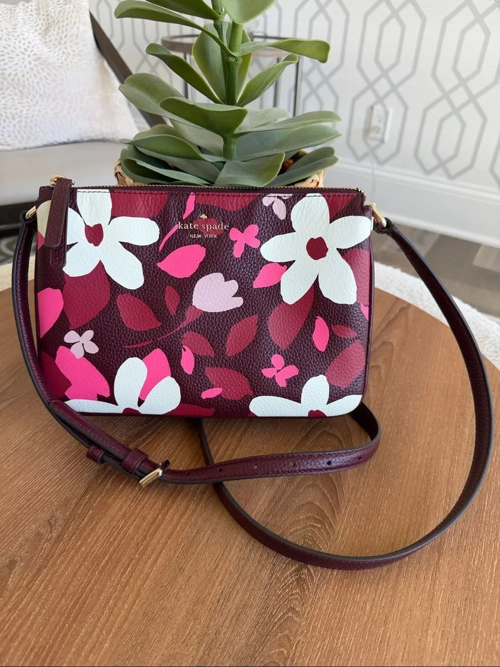 Kate Spade Floral Crossbody Purse Pink Burgundy Leather Like New